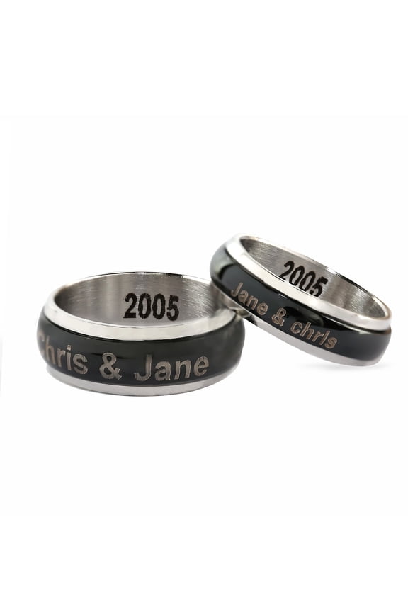 Personalized Stainless Steel Couples Spinner Ring with Black Enamel For Her