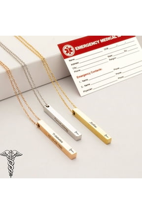 Personalized Stainless Steel Identification Rose Gold Medical Alert ID Necklace Engravable 4-Sided Bar Critical Information Jewelry Free Gift Box Ship Next Day