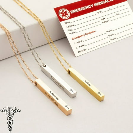 Personalized Stainless Steel Identification Rose Gold Medical Alert ID Necklace Engravable 4-Sided Bar Critical Information Jewelry Free Gift Box Ship Next Day