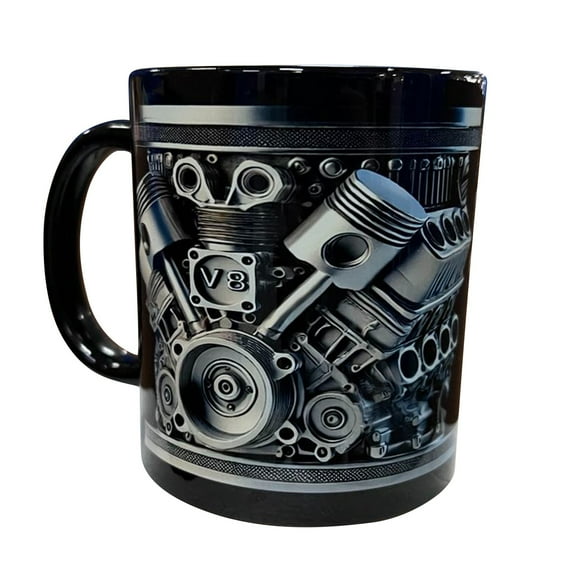 Personalized Stainless Steel Mug with V8 & V6 Engine Design for Car Enthusiasts, 2D Pattern Ceramic-Look Print, Gift for Men, Dad, Mechanics, Auto Lovers,A