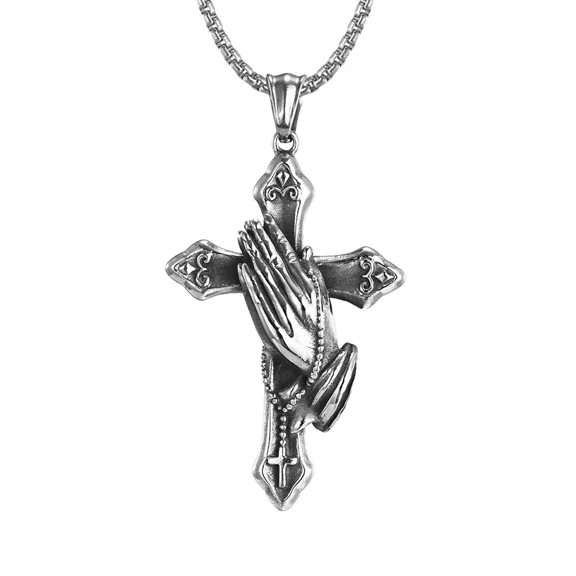 Personalized Stainless Steel Praying Hand Necklace with Cross Charm - Stylish Daily Accessory for Faithful Individuals
