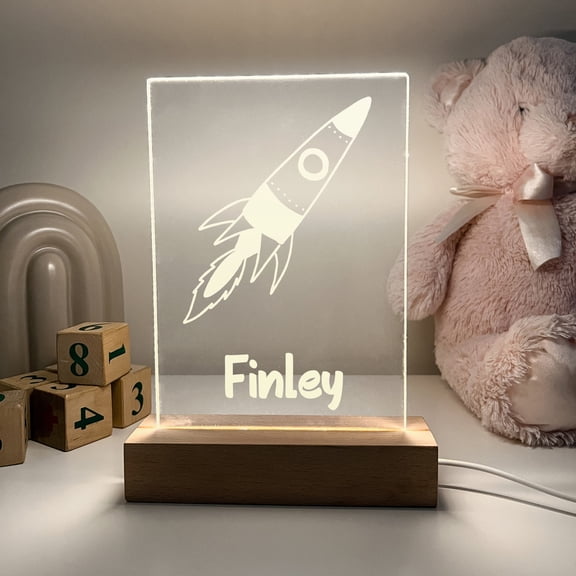 Personalized Stand Night Light Up Lamp LED Custom Free Engraved Names Boys, Wood Base, Animals, Video Games, Rockets, Cars, Trains
