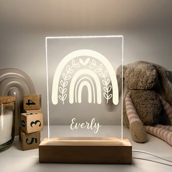 Personalized Stand Night Light Up Lamp LED Custom Free Engraved Names Girls, Wood Base, Butterflies, Mermaids, Crowns, Hearts, Rainbows, Unicorns