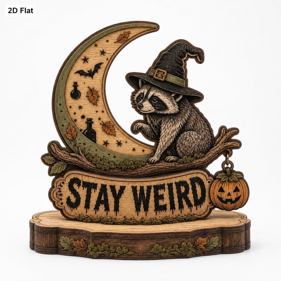 Personalized Stay Weird Raccoon Wooden Block, Custom Witch Raccoon Shelf Sitter, Spooky Cute Halloween Gift
