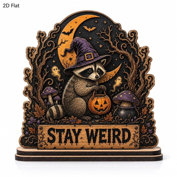 Personalized Stay Weird Wooden Block, Custom Witch Raccoon Shelf Decor, Spooky Cute Halloween Decor, Rustic Tiered Tray Sign, Halloween Gift