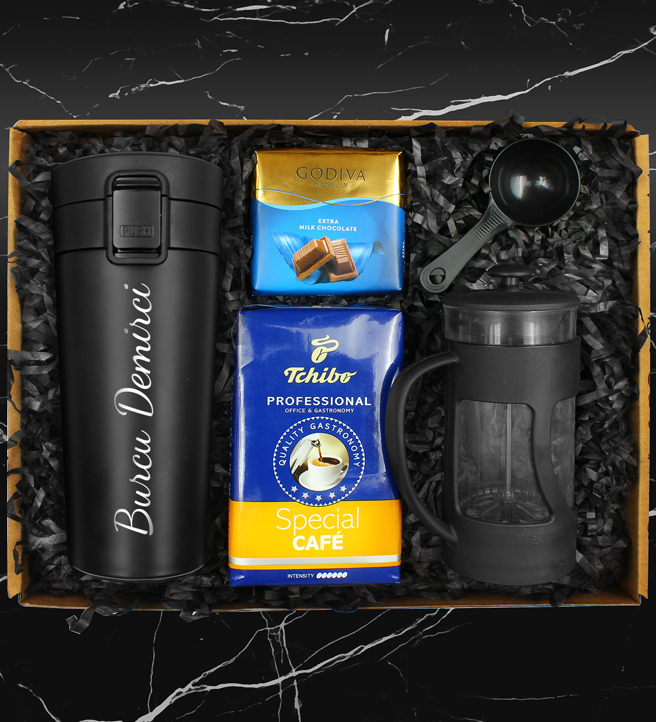Personalized Steel Thermos & Scalant French Press & 250 Gram Tchibo