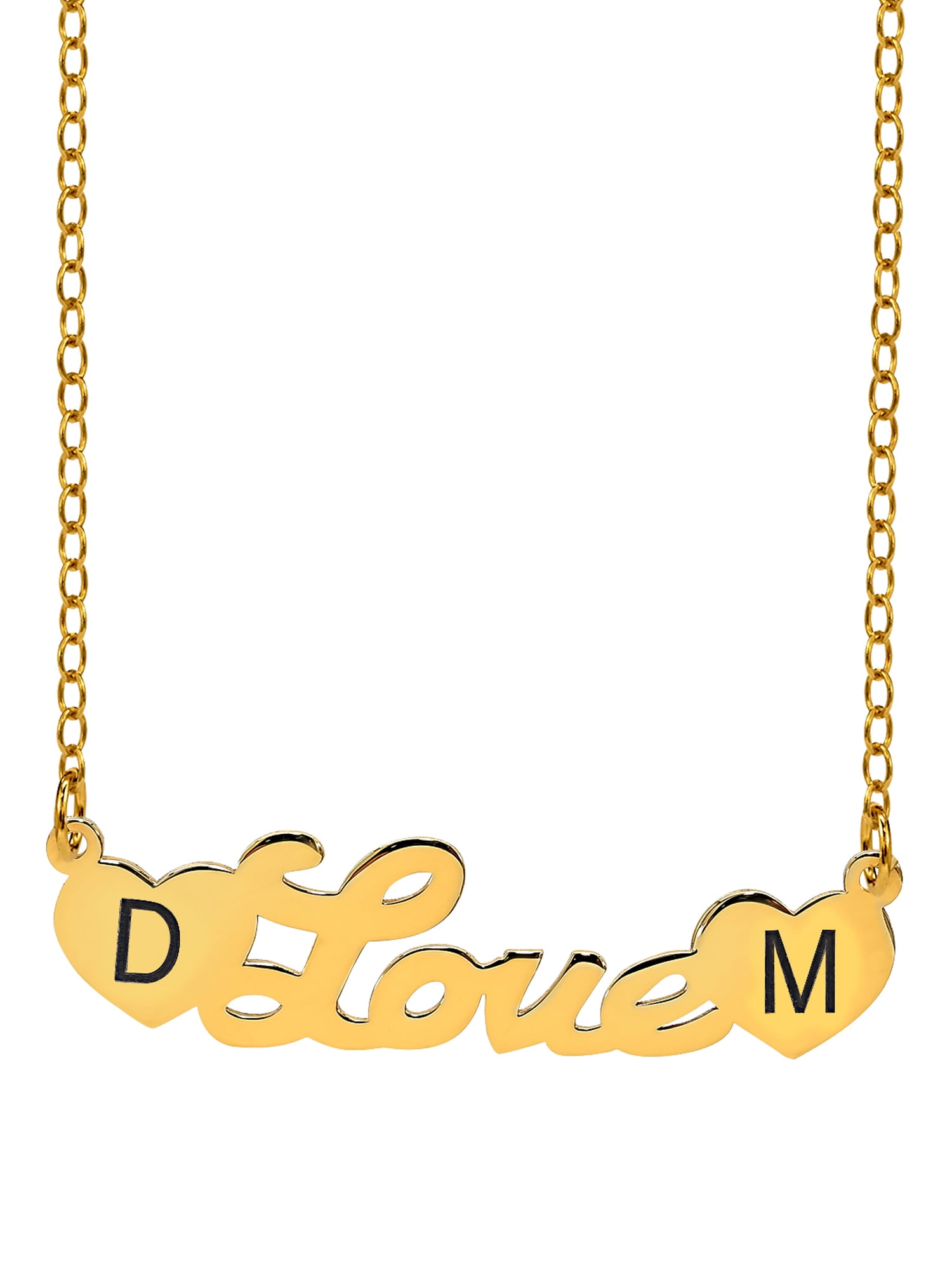 Personalized Sterling Silver, 14K Gold Plated Sterling Silver, 10K Gold or 14K Gold Script Name Necklace with Laser Engraved Initials on Heart-Shaped Ends with 18 inch Link Chain. Spring Ring Clasp.