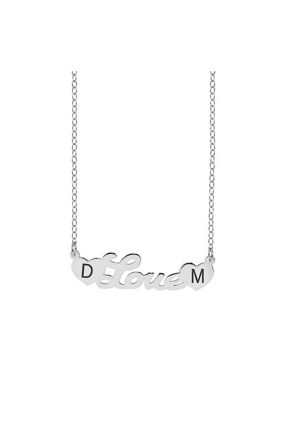Personalized Sterling Silver, 14K Gold Plated Sterling Silver, 10K Gold or 14K Gold Script Name Necklace with Laser Engraved Initials on Heart-Shaped Ends with 18 inch Link Chain. Spring Ring Clasp.