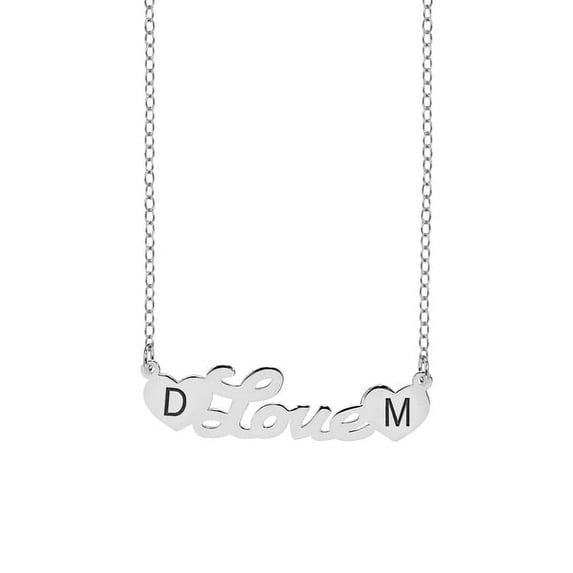 Personalized Sterling Silver, 14K Gold Plated Sterling Silver, 10K Gold or 14K Gold Script Name Necklace with Laser Engraved Initials on Heart-Shaped Ends with 18 inch Link Chain. Spring Ring Clasp.