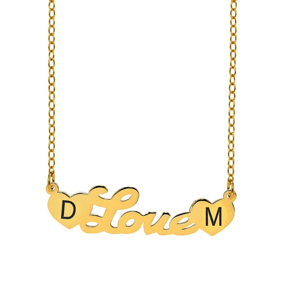 Personalized Sterling Silver, 14K Gold Plated Sterling Silver, 10K Gold or 14K Gold Script Name Necklace with Laser Engraved Initials on Heart-Shaped Ends with 18 inch Link Chain. Spring Ring Clasp.