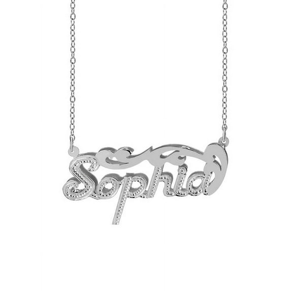 Personalized Sterling Silver or 14K Gold Plated Double Name Necklace w/Beading and Rhodium on Name. Polished Tail on Top of Name 18" Link Chain. Spring Ring Clasp