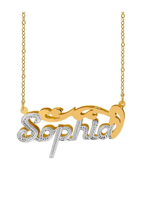 Personalized Sterling Silver or 14K Gold Plated Double Name Necklace w/Beading and Rhodium on Name. Polished Tail on Top of Name 18" Link Chain. Spring Ring Clasp