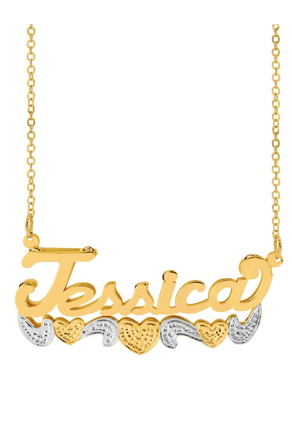 Personalized Sterling Silver of 14K Gold Plated Double Name Necklace w/Hearts and Tail. Beading on Hearts. Beading and Rhodium on Tail. 18" Link Chain. Spring Ring Clasp