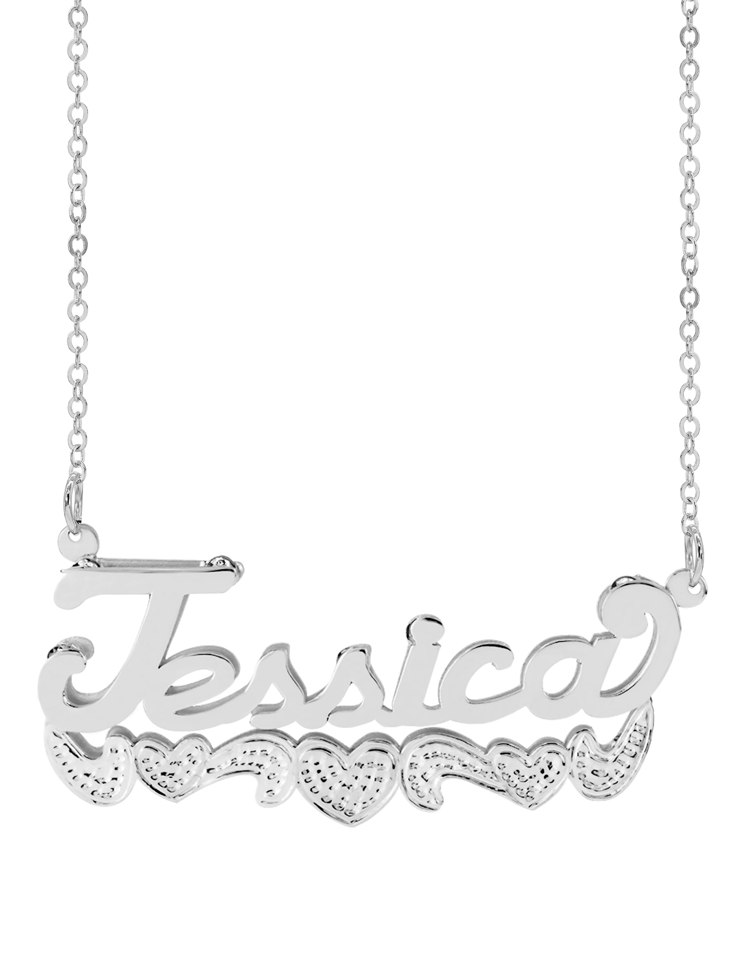 Personalized Sterling Silver of 14K Gold Plated Double Name Necklace w/Hearts and Tail. Beading on Hearts. Beading and Rhodium on Tail. 18" Link Chain. Spring Ring Clasp