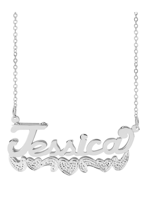 Personalized Sterling Silver of 14K Gold Plated Double Name Necklace w/Hearts and Tail. Beading on Hearts. Beading and Rhodium on Tail. 18" Link Chain. Spring Ring Clasp