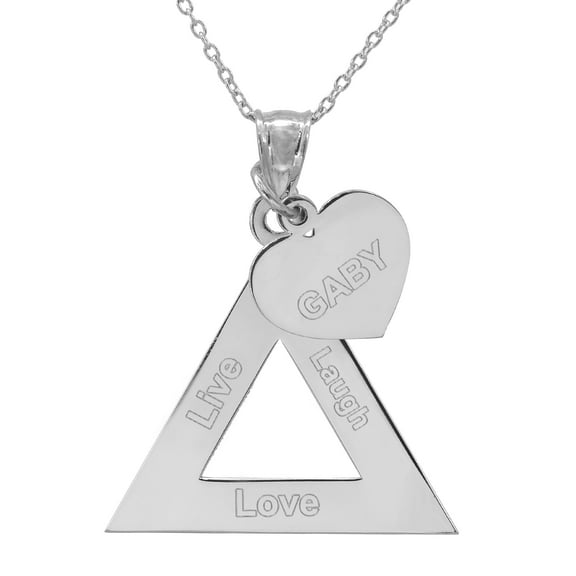 Personalized Sterling Silver or 14K Gold Plated Sterling Silver Engraved "Live Love Laugh" Triangle with Dangling Engraved Heart with 18 inch Link Chain. Spring Ring Clasp.