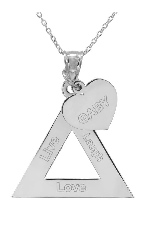 Personalized Sterling Silver or 14K Gold Plated Sterling Silver Engraved "Live Love Laugh" Triangle with Dangling Engraved Heart with 18 inch Link Chain. Spring Ring Clasp.