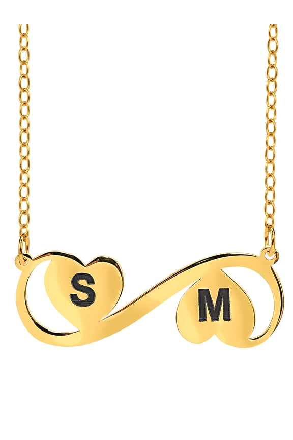 Personalized Sterling Silver or 14K Gold Plated Sterling Silver Laser Engraved Two-Initial Infinity Necklace with Hearts with 18 inch Link Chain. Spring Ring Clasp.