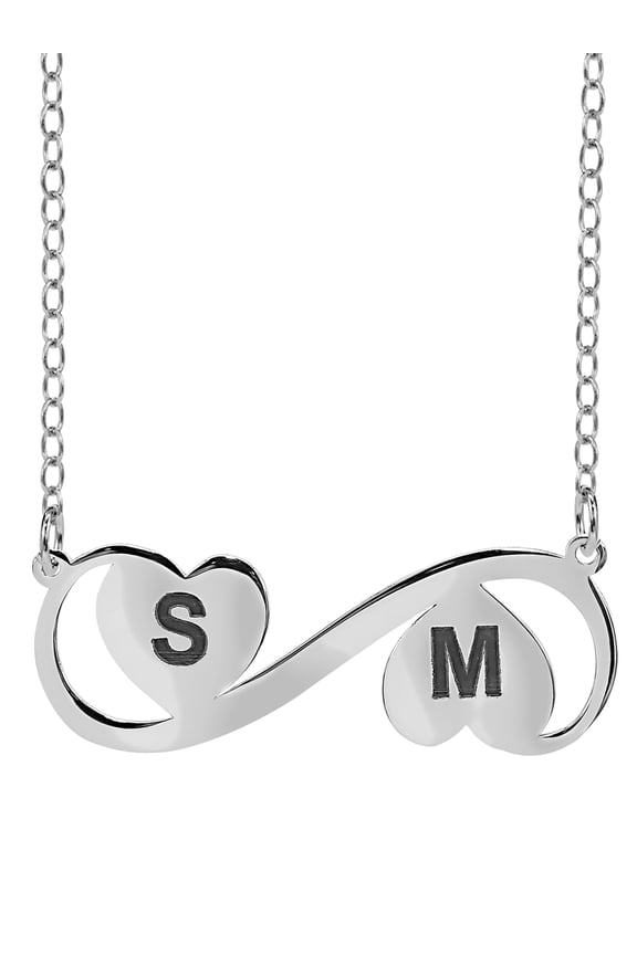 Personalized Sterling Silver or 14K Gold Plated Sterling Silver Laser Engraved Two-Initial Infinity Necklace with Hearts with 18 inch Link Chain. Spring Ring Clasp.