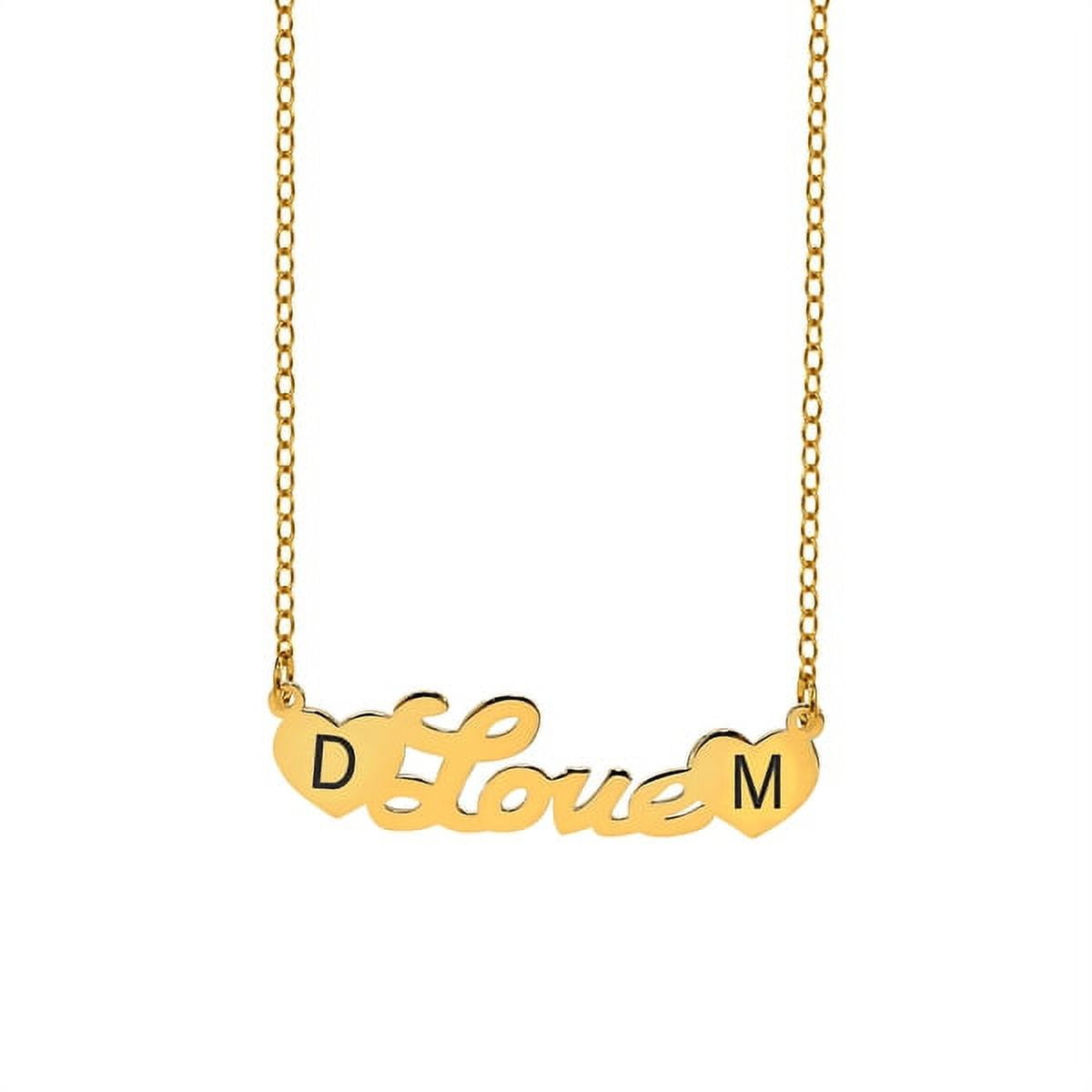 Personalized Sterling Silver, 14K Gold Plated Sterling Silver, 10K Gold or 14K Gold Script Name Necklace with Laser Engraved Initials on Heart-Shaped Ends with 18 inch Link Chain. Spring Ring Clasp.