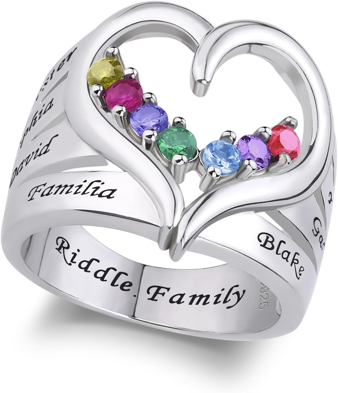 Love Jewelry Personalized Mother Daughter Rings – Sterling Silver With 2 Heart Birthstones, Custom Names - View #10