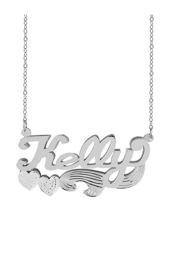 Personalized Sterling Silver or 14K Gold Plated Double Name Necklace w/Beading and Rhodium on Hearts 18" Link Chain. Spring Ring Clasp