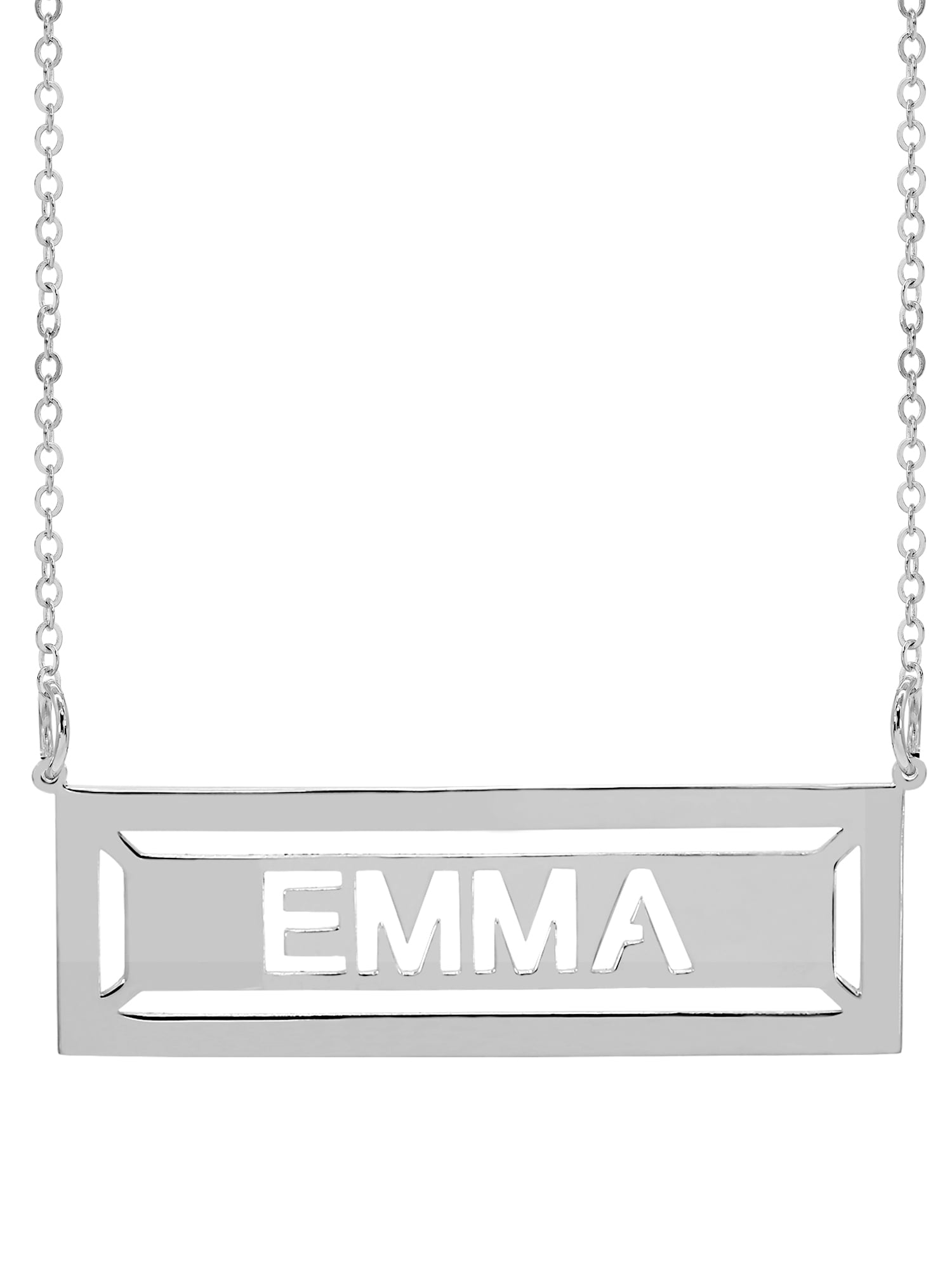 Personalized Sterling Silver or 14K Gold Plated Sterling Silver 38mm by 12mm Cut-Out Bar Necklace with 18 inch Link Chain. Spring Ring Clasp.