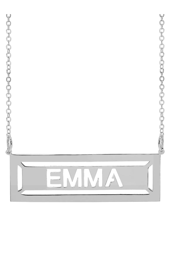 Personalized Sterling Silver or 14K Gold Plated Sterling Silver 38mm by 12mm Cut-Out Bar Necklace with 18 inch Link Chain. Spring Ring Clasp.