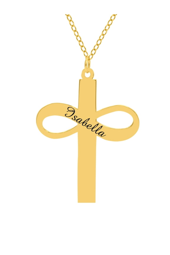 Personalized Sterling Silver or 14K Gold Plated Sterling Silver Laser Engraved Infinity Cross Necklace with 18 inch Link Chain. Spring Ring Clasp.