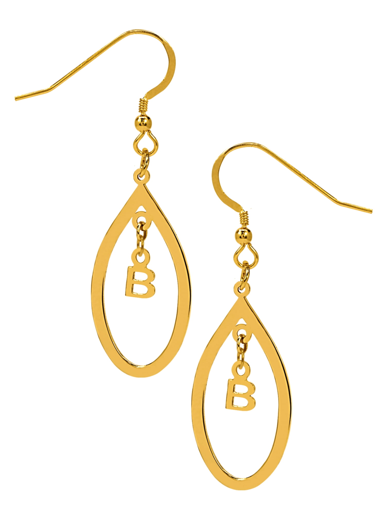 Personalized Sterling Silver or 14K Gold Plated Sterling Silver Oval-Shaped Earrings with Hanging Block Initial with Shepherd Hooks