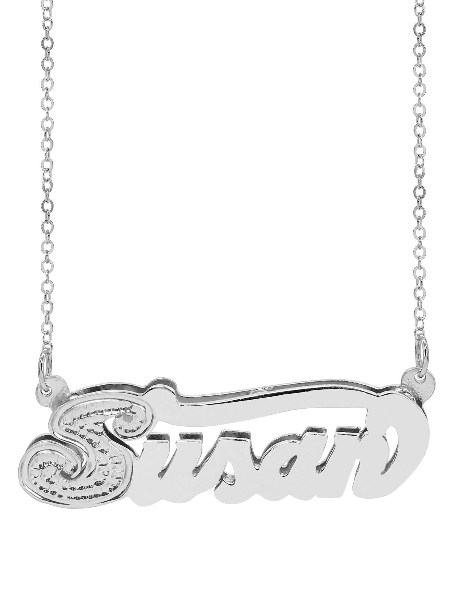 Personalized Sterling Silver or Gold Plated High Polished Nameplate Necklace With Beading and Rhodium on First Initial, 18" Chain
