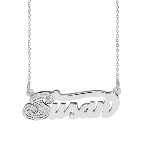 Personalized Sterling Silver or Gold Plated High Polished Nameplate Necklace With Beading and Rhodium on First Initial, 18" Chain