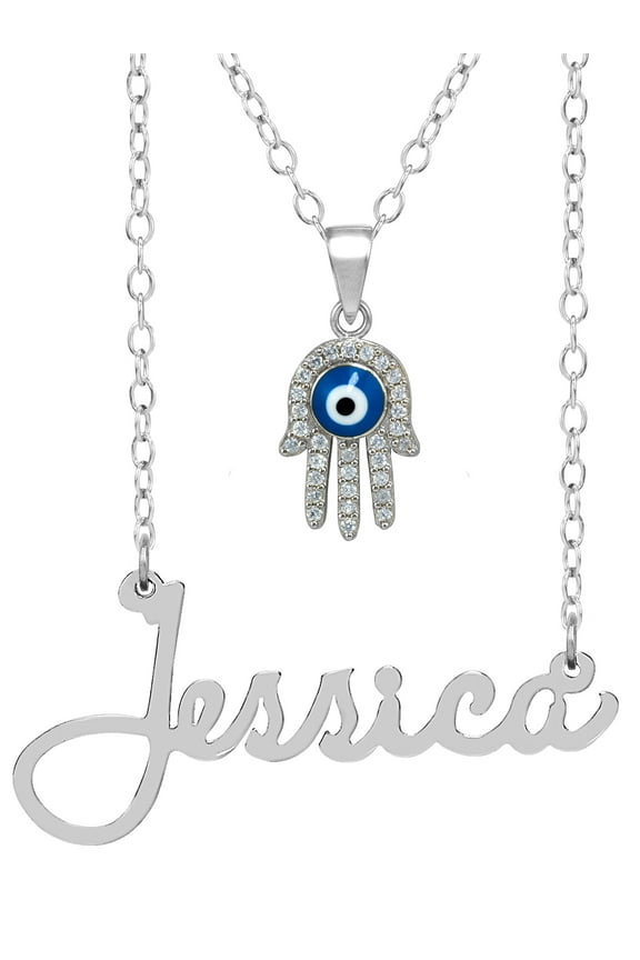 Personalized Sterling Silver or Gold Plated Single Nameplate Necklace With Hamsa, 18 inch Link Chain