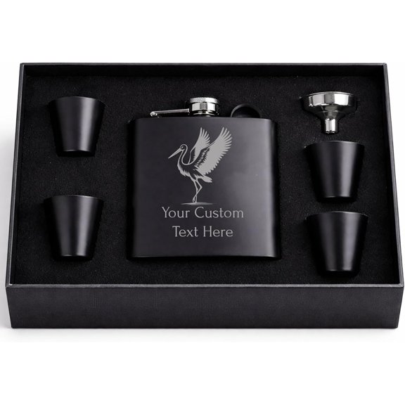 Personalized Stork Laser Engraved Flask - 6-Ounce Stainless Steel Hip Drinking Matte Black Flask, Box, Shot Glasses, Funnel - Custom Name, Customized Text, Gift Etched, Gift for Him, Her