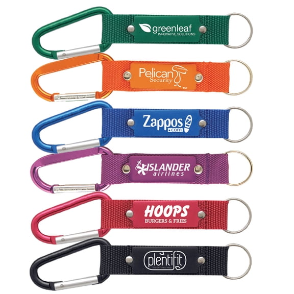 Personalized Strap Happy Carabiner Keychain Printed with your logo/Text -100 QTY