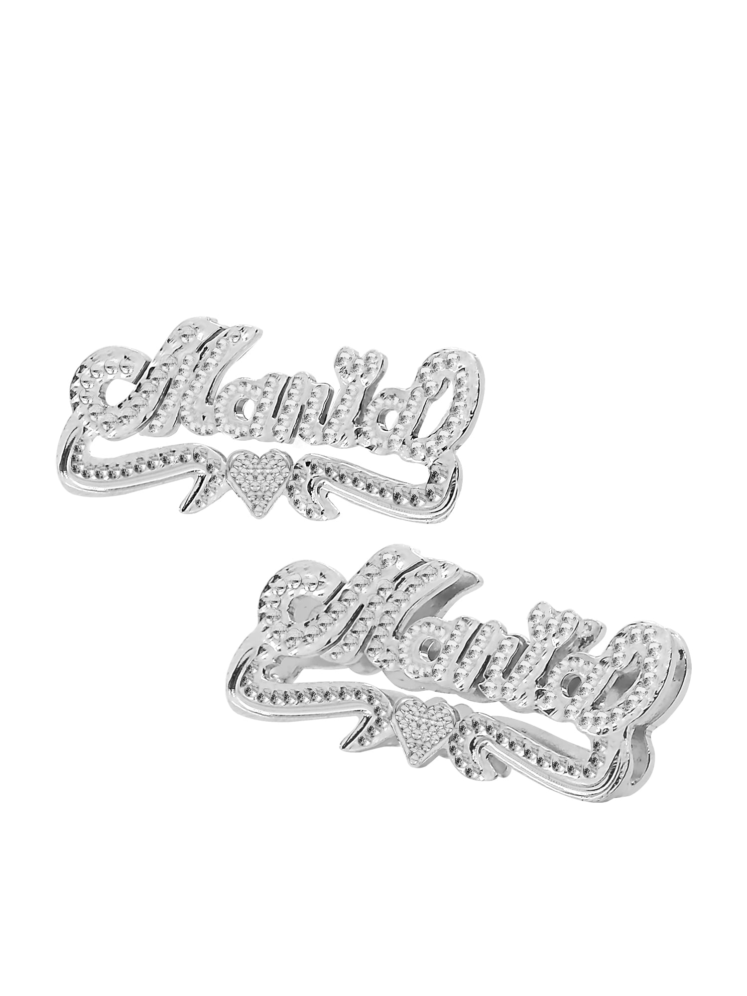 Personalized Stud Name Earrings with Beading and Rhodium All Over The Name, Tail and Heart