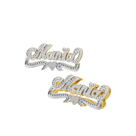 Personalized 14K Gold Over Sterling Silver Stud Name Earrings with Beading and Rhodium All Over The Name, Tail and Heart