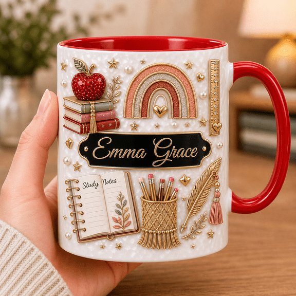 Personalized Student Mug, Back to School Boho Name Coffee Cup with Red Handle