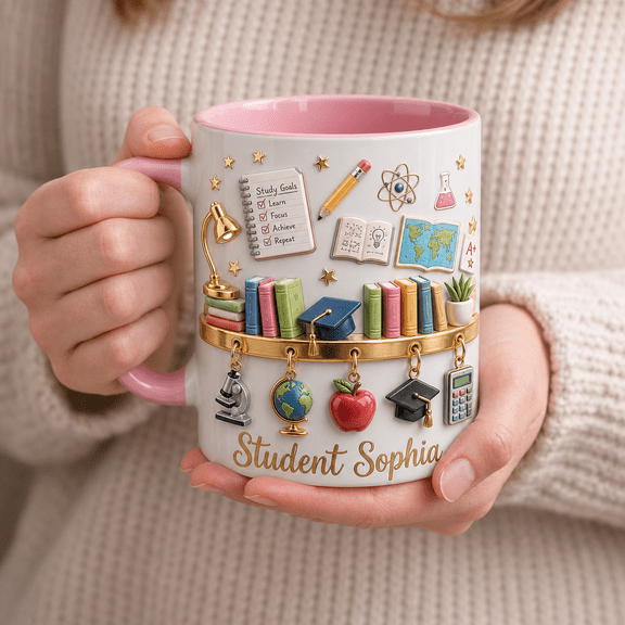 Personalized Student Mug with Name, Back to School White Mug with Pink Inner