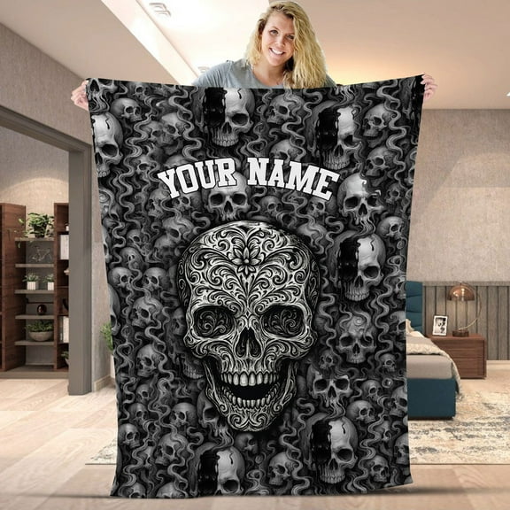 Personalized Sugar Skull Blanket – Custom Name Gothic Skull Throw Blanket, Black and White Sugar Skull Design, Gift for Bikers, Tattoo Lovers, and Goth Fans