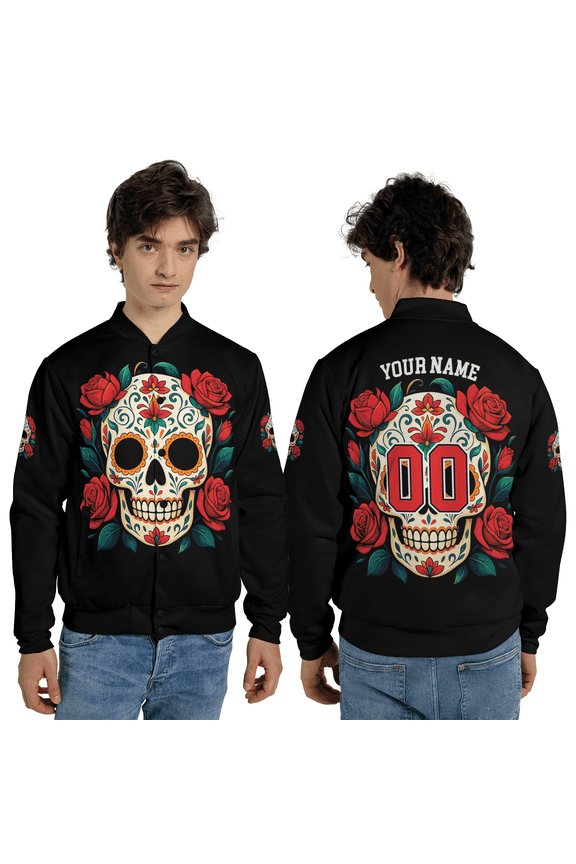 Personalized Sugar Skull Mexican Baseball Jacket, Roses Skull Custom Team Name Baseball Jacke, Gothic Lover Jacket Gift