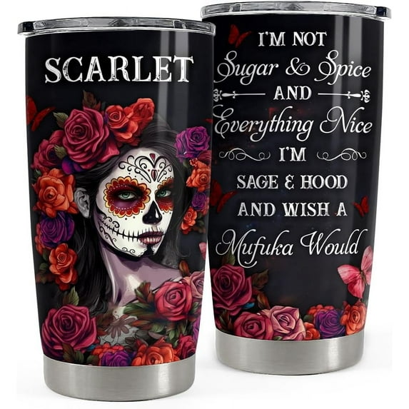 Personalized Sugar Skull Tumbler Sugar And Spice 20oz 30oz Tumblers with Lid Gift for Women Girl Friends Christmas Birthday