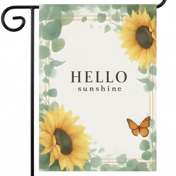 Personalized Summer Garden Flags - A Frame With Sunflowers And A Butterfly On A White Background HELLO Sunshine Garden Banner For Terrace Balcony Display
