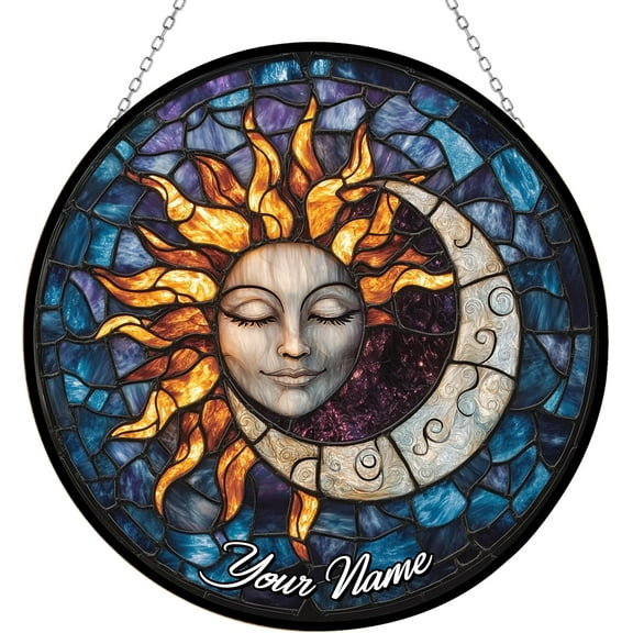 Personalized Sun and Moon Stained Glass Window Hanging Sun Catcher Halloween Haning Ornament Decoration Christmas Birthday Gifts for Lover Friends Mothers Day