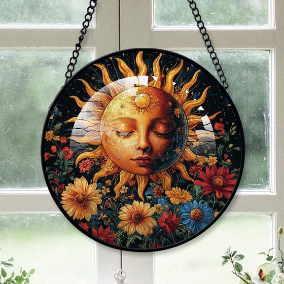 Personalized Sun Moon Suncatcher Stained Glass, Sun Moon Gifts for Women, Sun Moon for Windows, Sun Moon Window Hangings with Chain and Hook akqjY8 (Sun Moon 10)