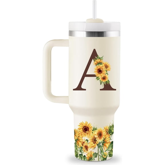 Personalized Sunflower 40oz Stainless Steel Tumbler with Handle & Straw - Monogrammed, Customized, Initials - Women''s Birthday, Mother''s Day Gift