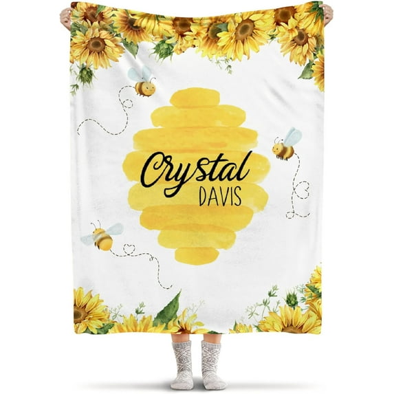 Personalized Sunflower Bee Baby Blankets with Name, Lightweight for All Seasons, Custom Baby Blanket As Festival Gifts Collection- Sofa, Living Room, Vacation House 40"x50" for Kids/Children