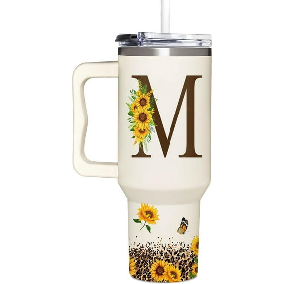 Personalized Sunflower Monogram Cup for Women, Mom, Wife, Boss Lady, Coworkers-Custom 40oz Tumbler with Handle- Unique Birthday, Christmas, Boss Day Gift for Her