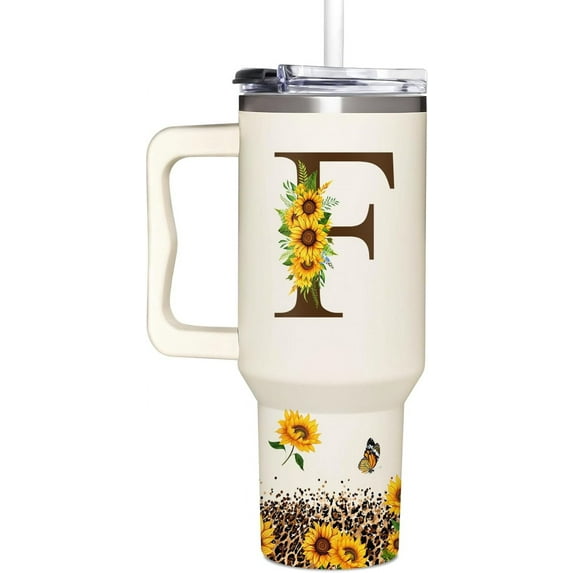 Personalized Sunflower Monogram Cup for Women, Mom, Wife, Boss Lady, Coworkers-Custom 40oz Tumbler with Handle- Unique Birthday, Christmas, Boss Day Gift for Her
