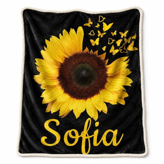 Personalized Sunflower Sherpa Blanket, Custom Name Fleece Throw, Black Butterfly Blanket, Soft Polyester Fleece, 30x40 to 60x80 in